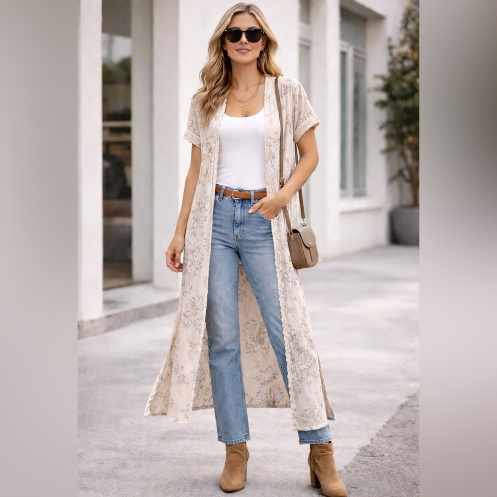 Elena Baldi Italian Silk Blend Cream Floral Duster Cardigan
